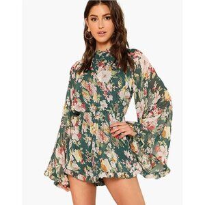 Green Floral Print Chiffon Ruffle Long Flare‎ Bell Sleeve Romper Playsuit Dress